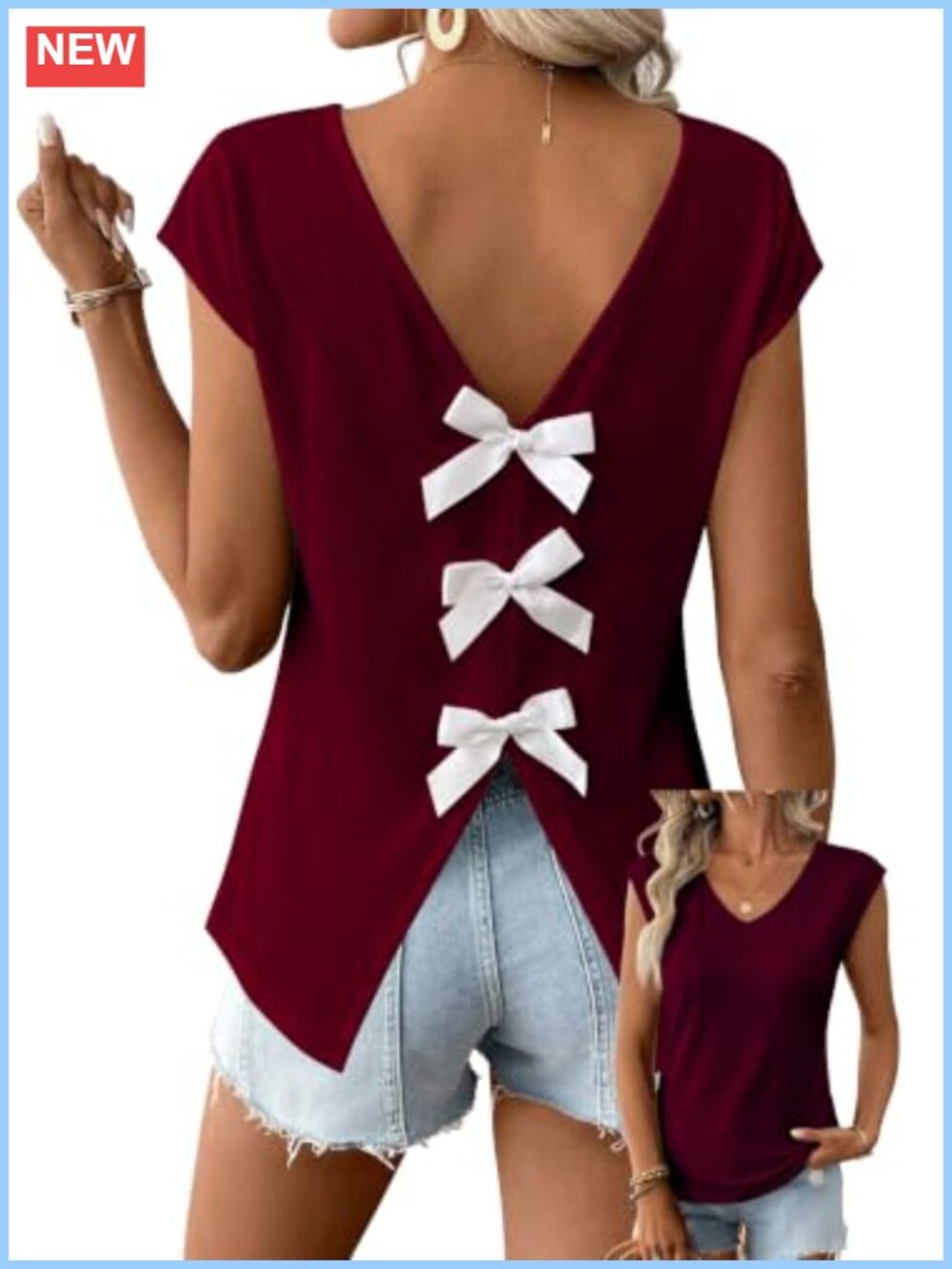 Womens Open Back Bow Tie Top Short Sleeve Flowy Summer Blouse